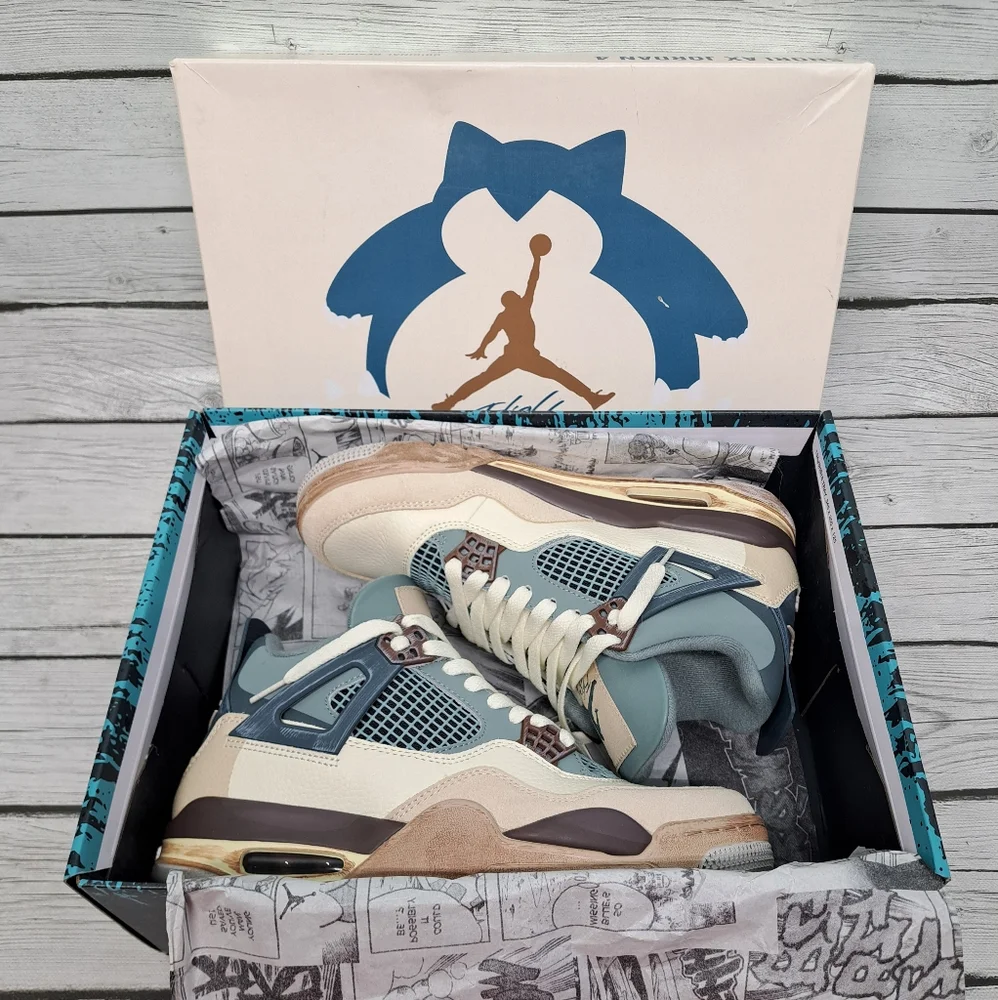 Jordan Retro 4 Sneakers in Teal, Cream, Brown and Gold Accents